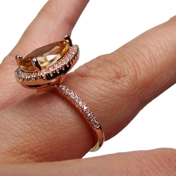 Macy's Rose Gold Pear Teardrop Halo Morganite Diamond Ring S 925 Size 7 - Picture 7 of 11